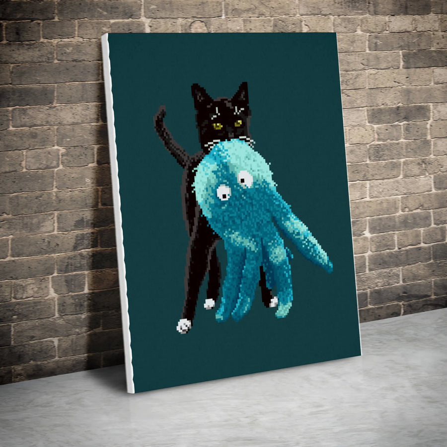 Pixel Art Cat and Octopus Canvas Wall Art | Retro 8-Bit Gaming Print | Premium Thick Gallery Canvas | Unique Gamer Gift for Home Office Decor