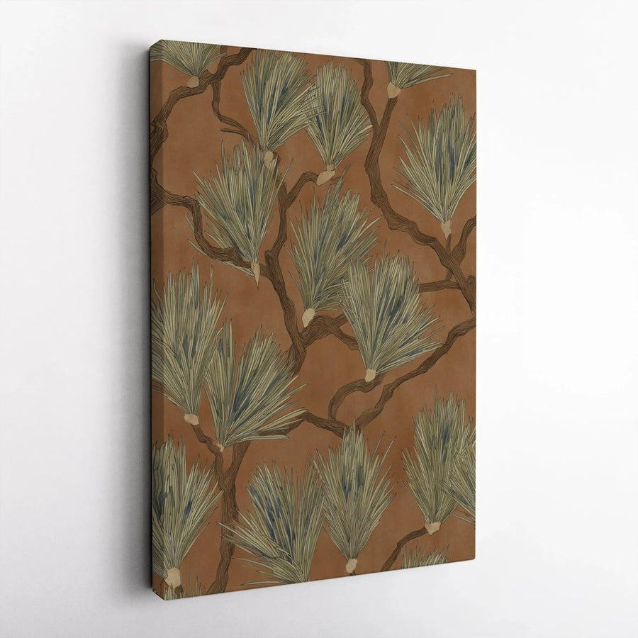 Vintage Pine Needle Vertical Canvas Wall Art | Retro Ochre and Sage Japanese Botanical Design | Premium 1.25 Inch Gallery Wrap | Nature Lover Gift for Living Room Home Decor