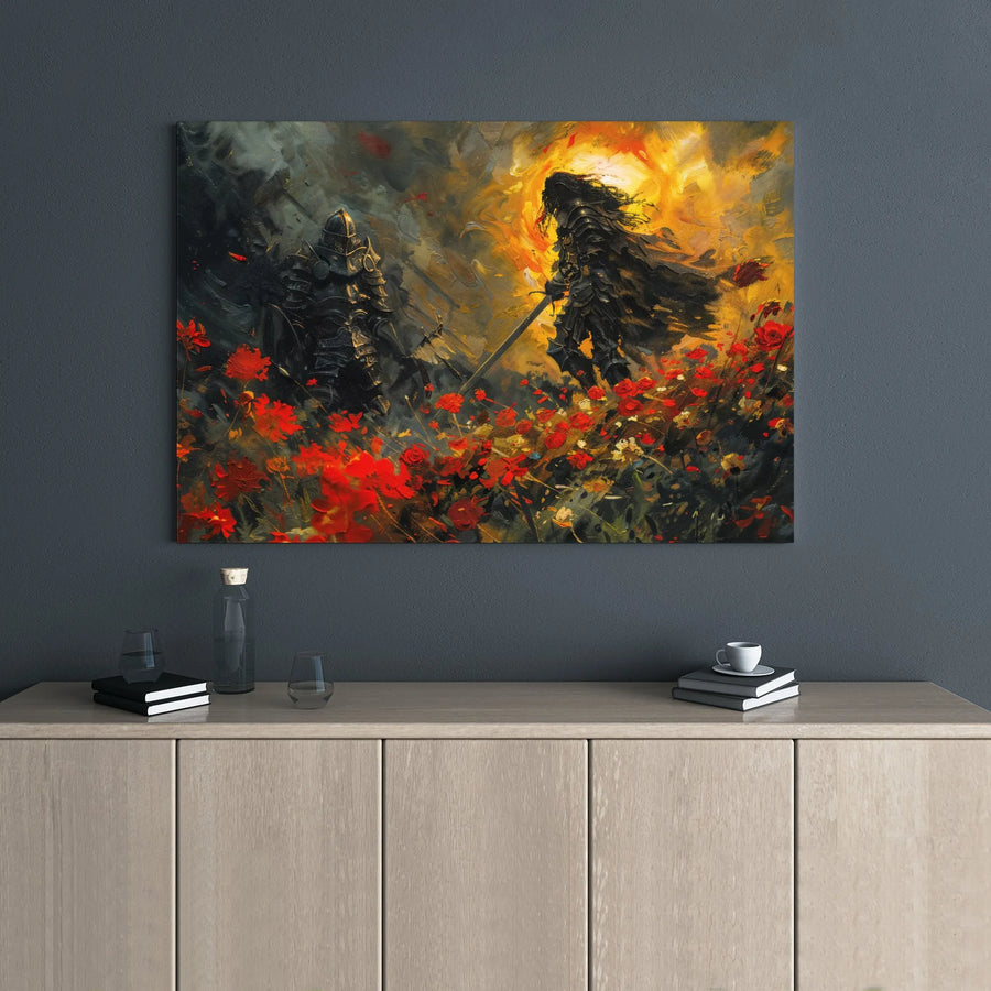 Fantasy Knight Canvas Wall Art | Epic Duel In Fiery Poppy Field | Premium 1.25" Gallery Wrap | Gothic Home Office Decor Gift