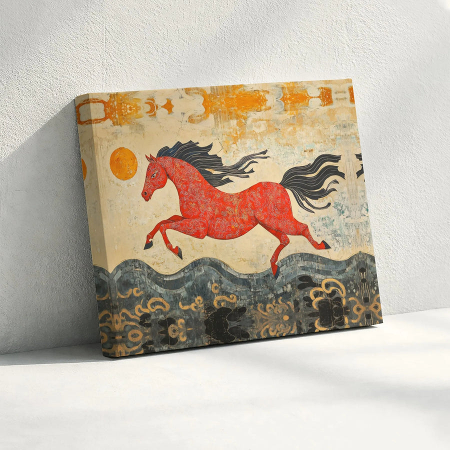 Red Horse Canvas Wall Art | Vintage Folk Art Leaping Horse Print | Premium 1.25" Gallery Wrap | Equestrian Home Decor Gift