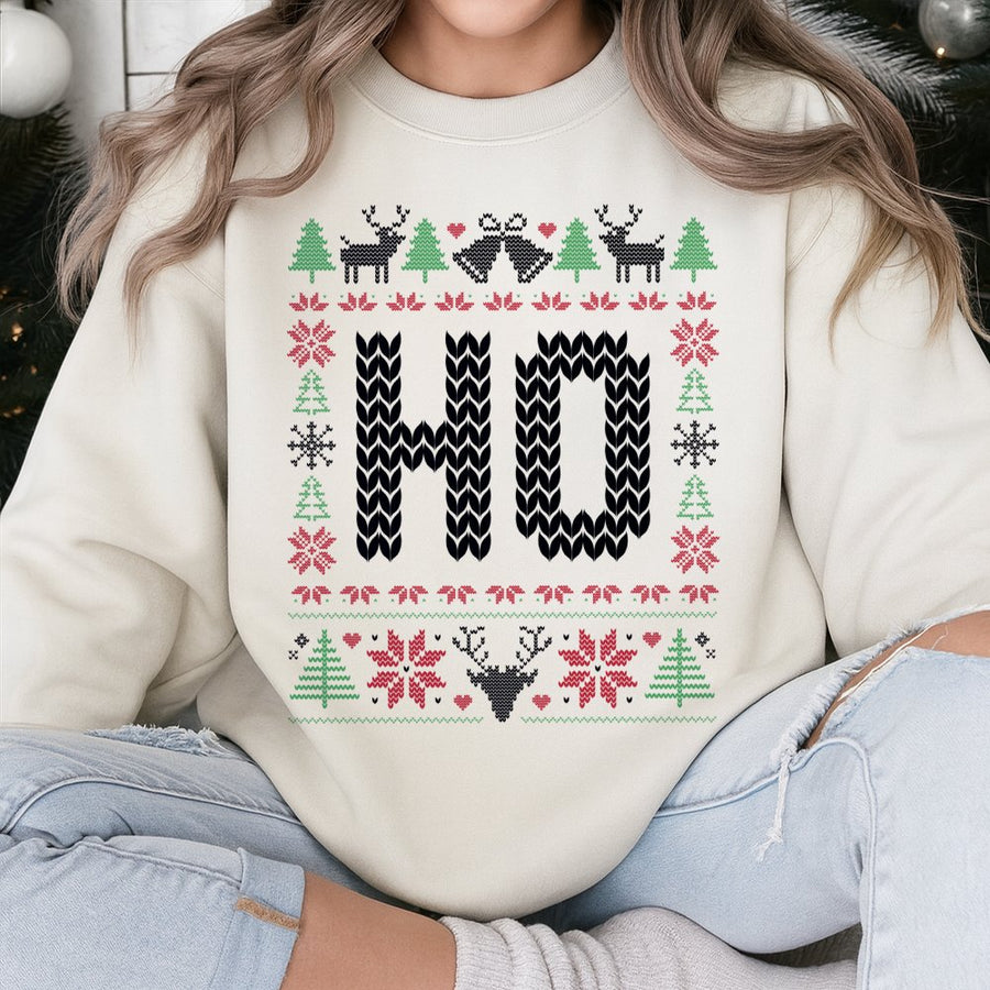 HO Ugly Christmas Sweatshirt | Funny Matching Holiday Sweater Design | Unisex Cotton Blend Pullover | Cute Couple Xmas Gift For Party