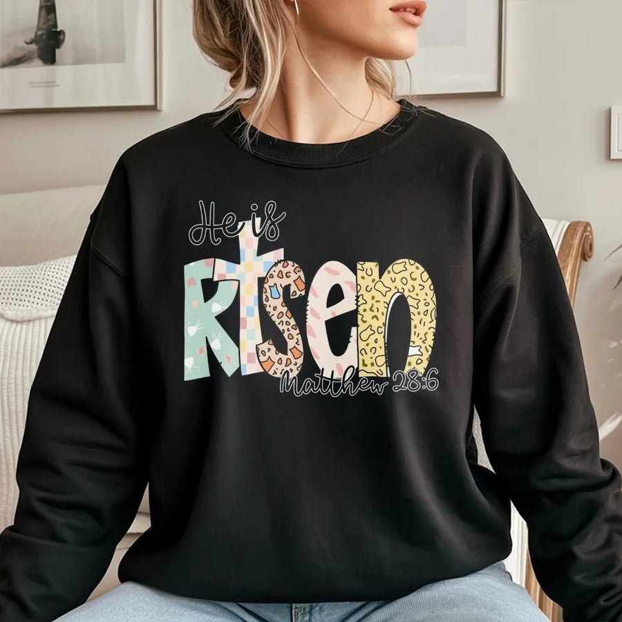 He is Risen Sweatshirt | Pastel Bible Verse Graphic, Matthew 28:6 | Premium Cotton Blend | Christian Easter Gift for Women