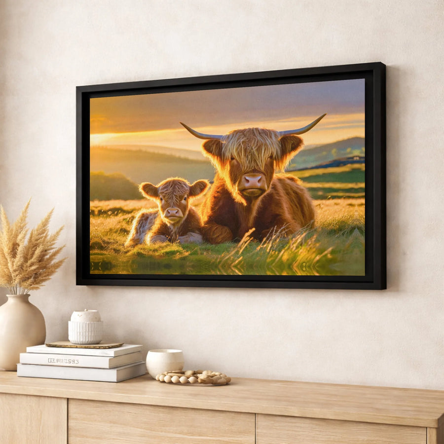 Highland Cow Canvas Print | Mother and Calf Sunset Farmhouse Wall Art | Premium 1.25 Inch Gallery Wrap | Rustic Country Home Decor Gift