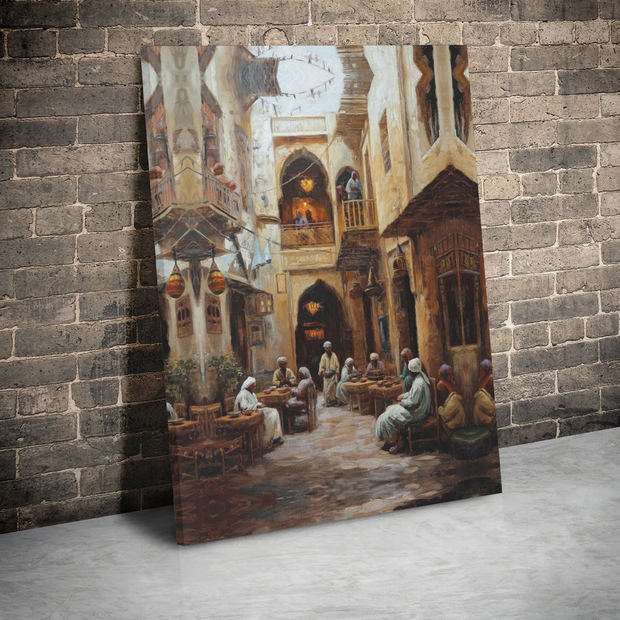 Arabian Street Cafe Canvas Print | Vintage Middle Eastern Market Art | Premium Gallery Wrap Wall Decor | Cultural Home Office Gift