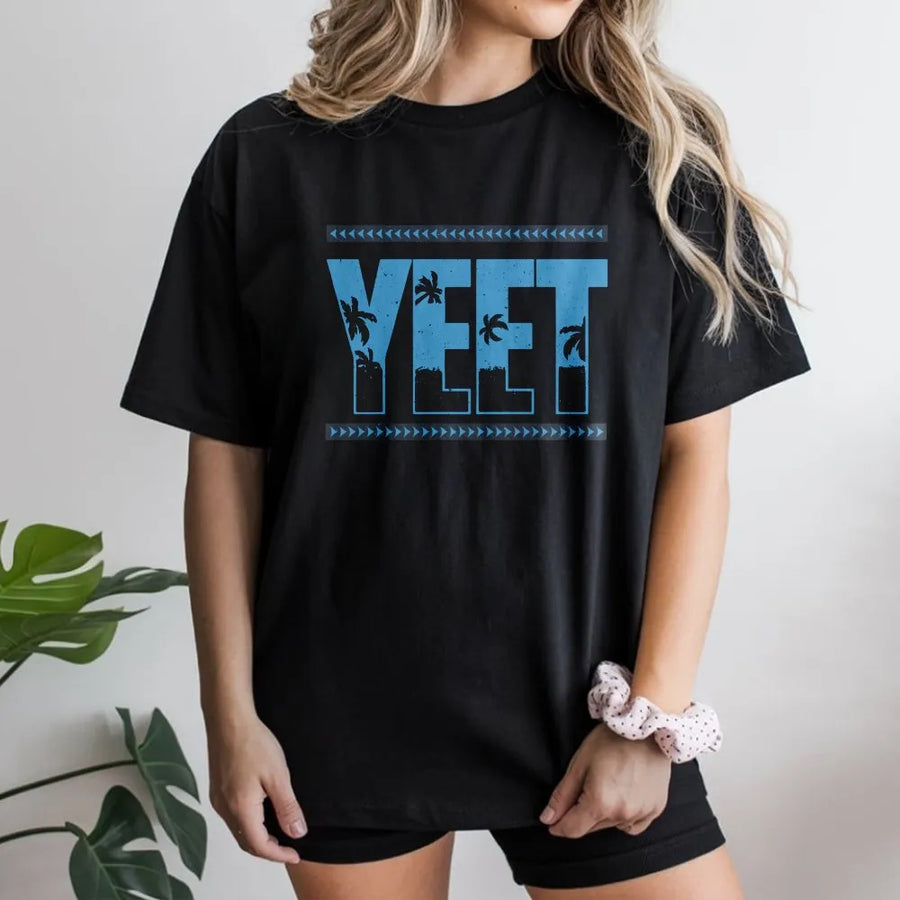 Yeet Tropical Graphic T-Shirt | Palm Tree Summer Lettering Design | Soft 100% Cotton Premium Tee | Trendy Slang Apparel Gift For Teens And Adults