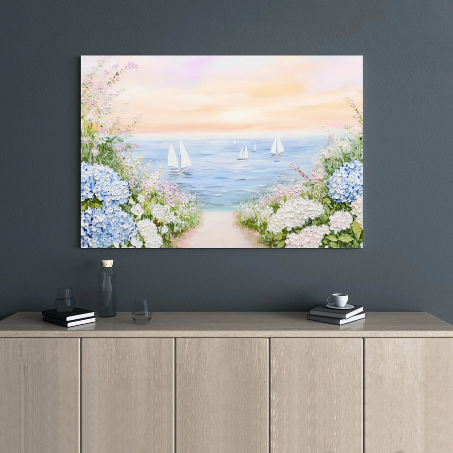 Coastal Seascape Canvas Art | Sailboats and Hydrangea Garden Path | Premium Gallery Wrap Wall Decor | Calming Ocean View for Beach House