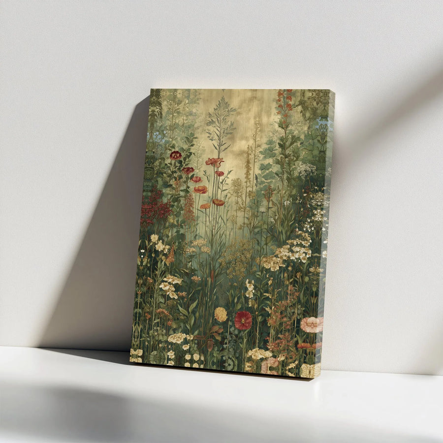 Vintage Wildflower Canvas Print | Moody Floral Meadow with Botanical Illustration | Premium Gallery Wrap Canvas | Cottagecore Home Decor Gift