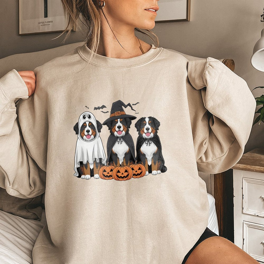 Bernese Mountain Dog Halloween Sweatshirt | Cute Ghost Witch Dog Graphic | Premium Cotton Blend Crewneck | Spooky Season Gift for Dog Lovers