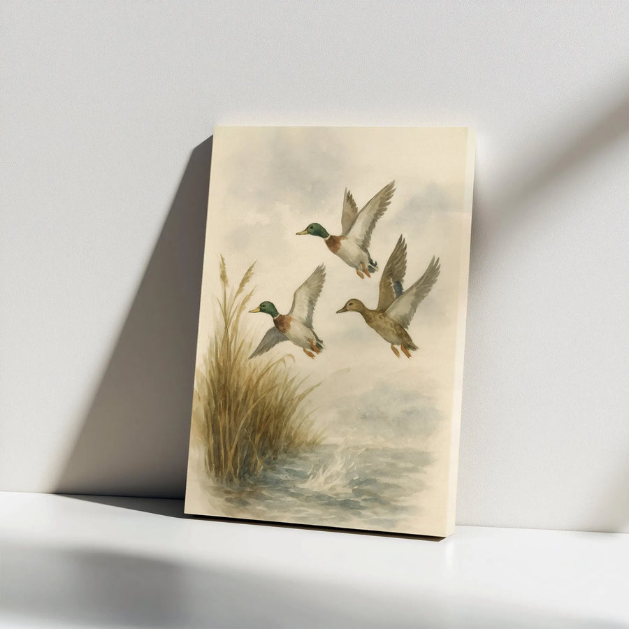 Mallard Ducks Wall Art | Watercolor Flying Duck Canvas Print | Gallery Wrapped Premium Decor | Nature Lover Gift for Cabin or Office