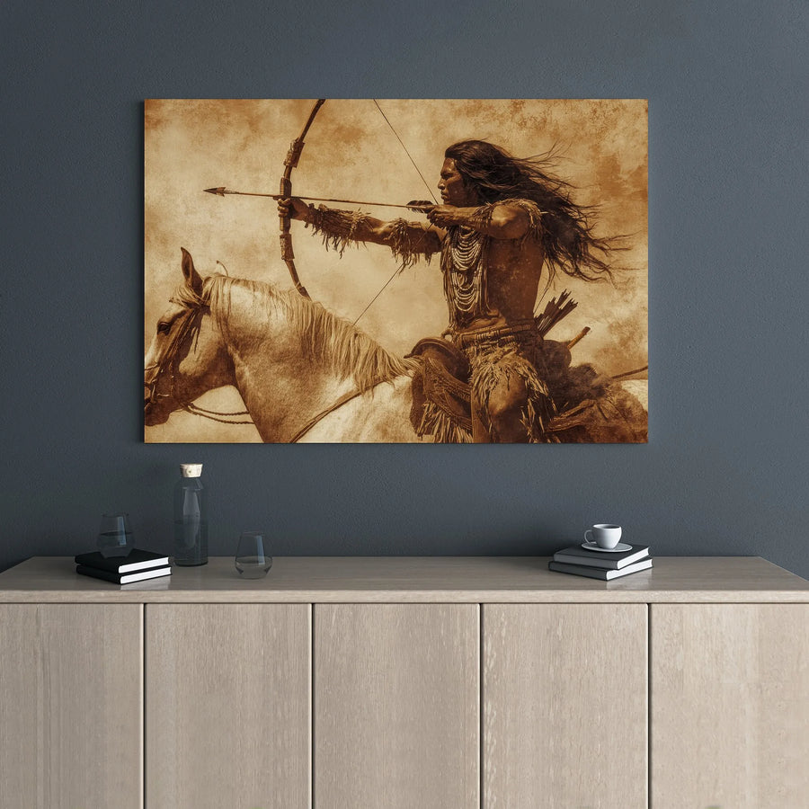 Native American Warrior Wall Art | Horseback Archer Sepia Print | 1.25 Inch Gallery Wrap Canvas | Western Home Decor Gift for History Lovers