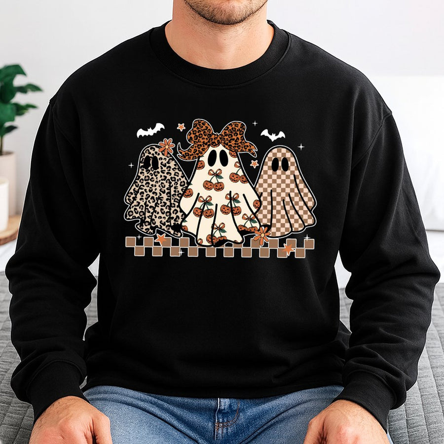 Preppy Halloween Ghost Sweatshirt | Leopard Print Coquette Pumpkin Design | Cotton Blend Fall Apparel | Spooky Season Gift for Her
