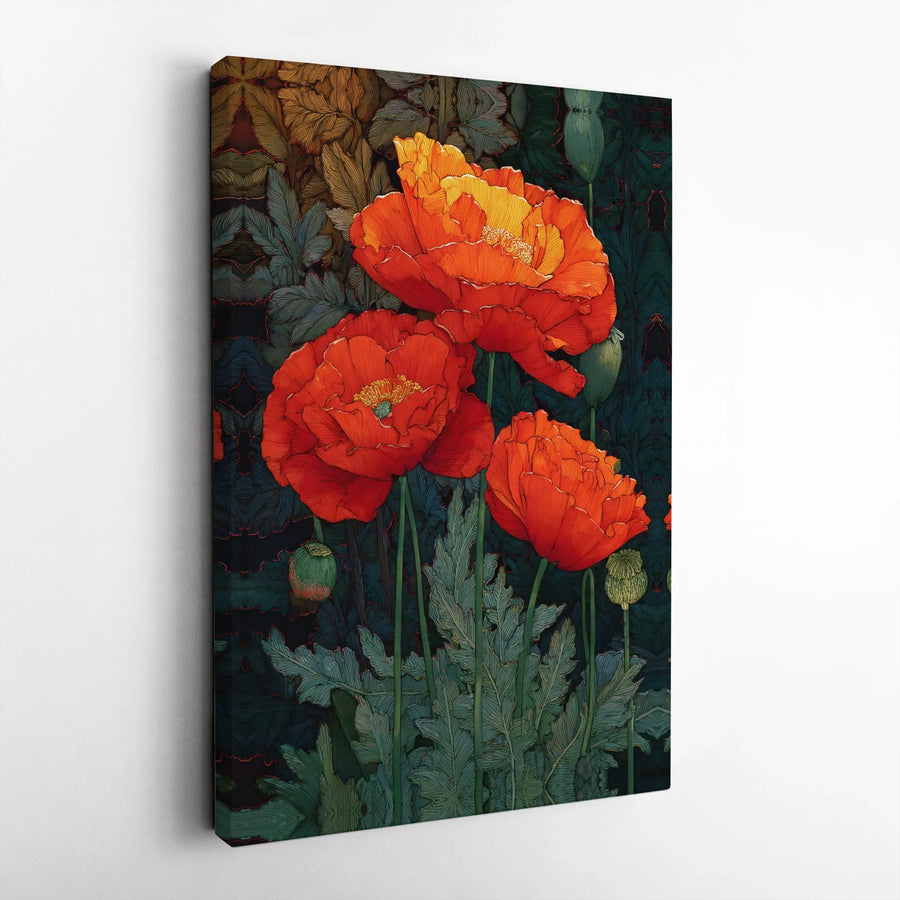 Red Poppy Canvas Wall Art | Vintage Botanical Illustration | Thick Gallery Wrapped Canvas | Premium Living Room Home Decor Gift