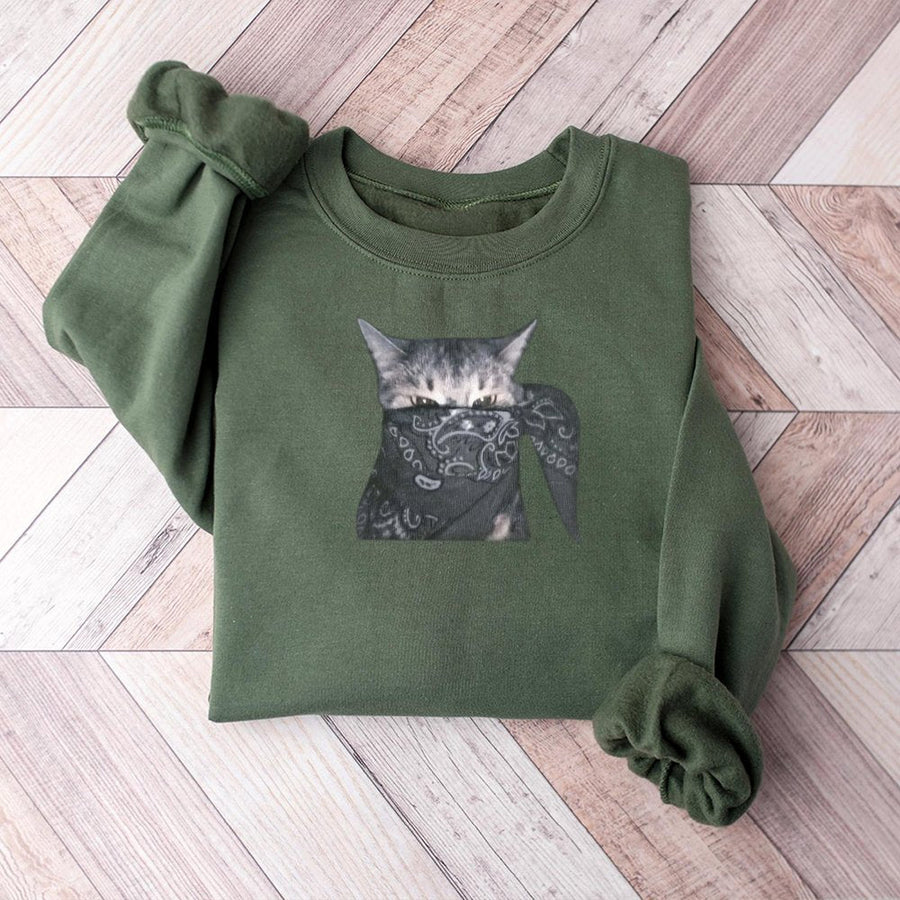 Outlaw Cat Graphic Sweatshirt | Bandit Kitten With Bandana Design | Premium Cotton Blend Crewneck | Funny Animal Meme Gift For Cat Lovers