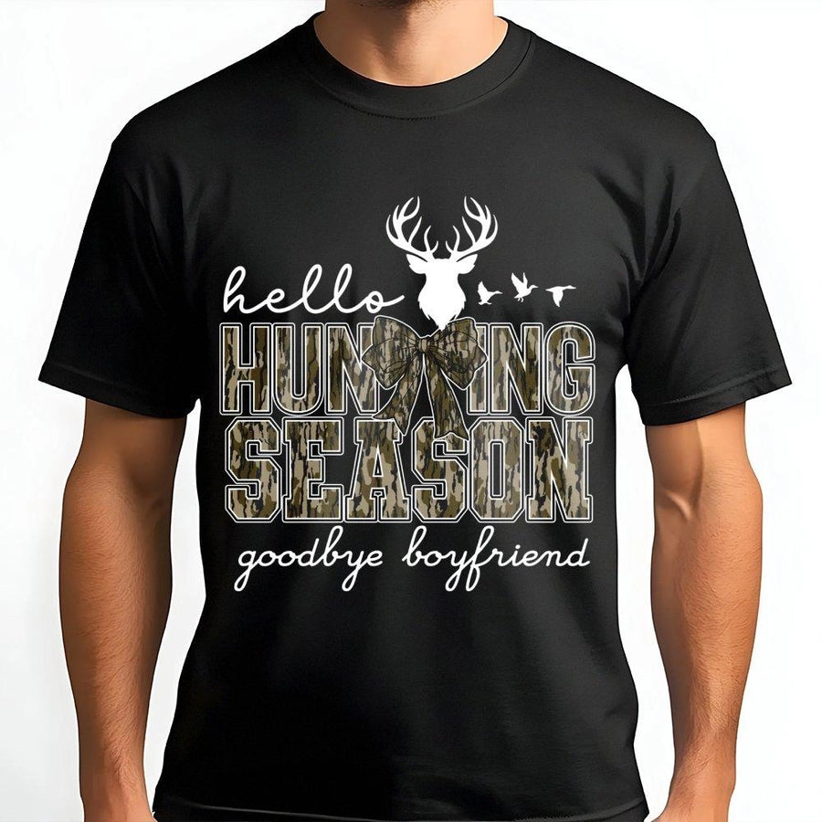 Hello Hunting Season Goodbye Boyfriend T-Shirt | Camo Deer Antler Graphic | Premium 100% Cotton | Funny Fall Gift for Women & Hunter Girls
