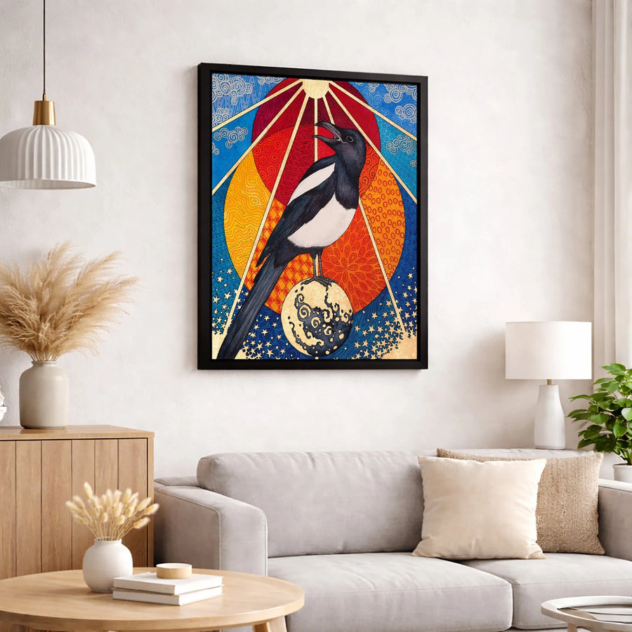 Celestial Magpie Wall Art | Mystical Bird with Sunburst and Moon Print | Gallery Quality 1.25-Inch Thick Canvas | Unique Home Decor Gift