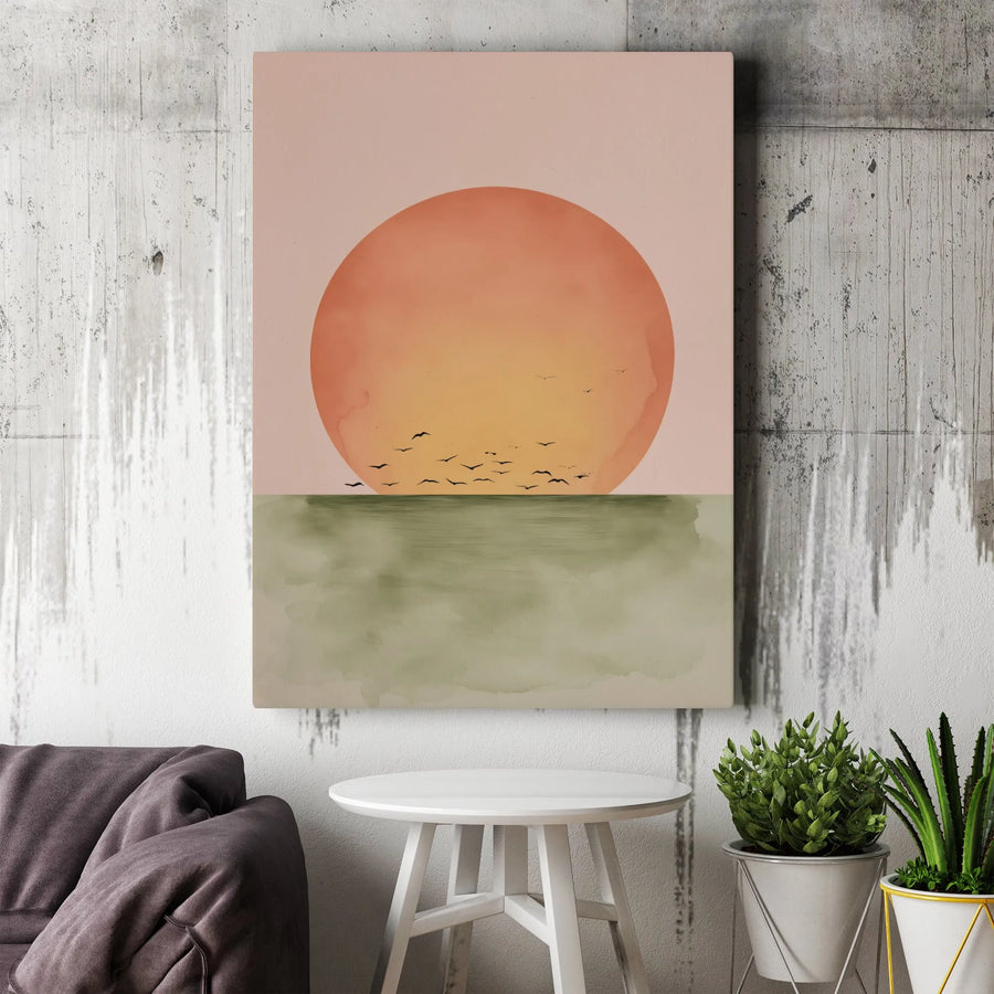 Minimalist Sunset Canvas Wall Art | Watercolor Ocean Scenery with Birds | Premium 1.25" Gallery Wrap | Modern Home Decor Gift