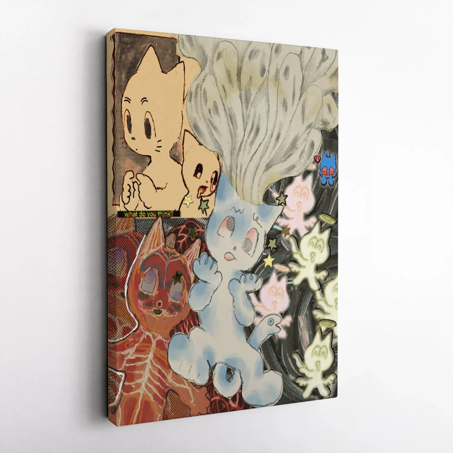 Abstract Cat Art Vertical Canvas | Surreal Kitty Collage Print | Premium Thick Gallery Canvas | Unique Wall Art for Eclectic Home Decor