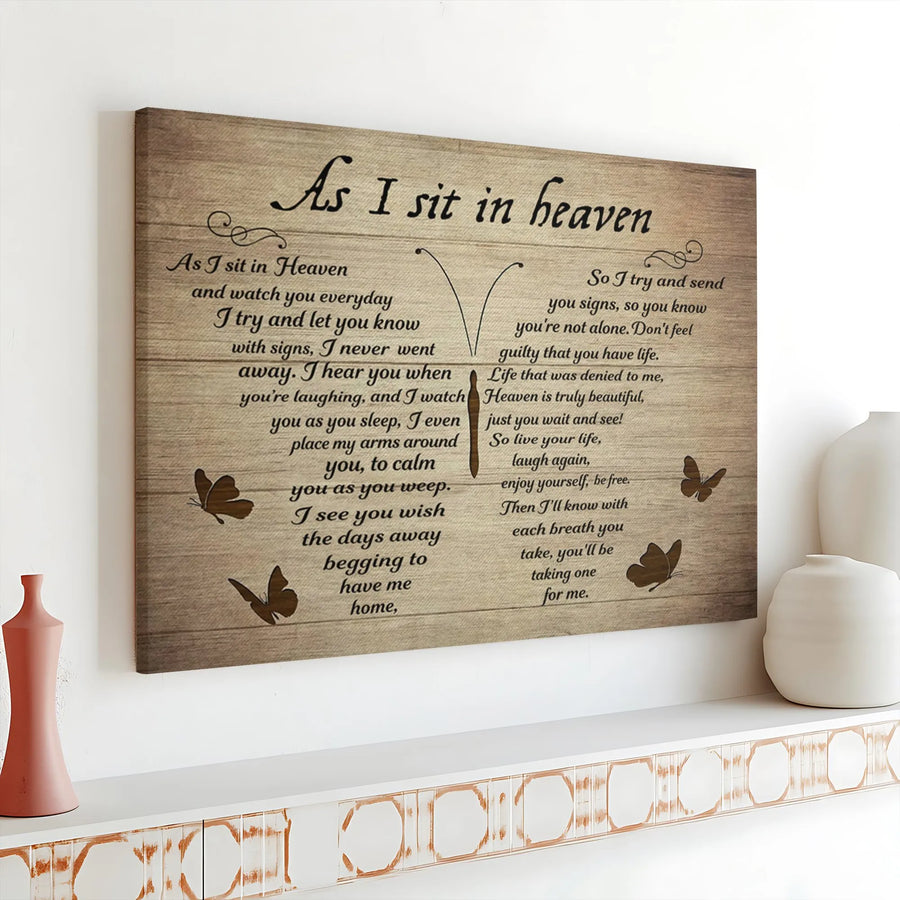 As I Sit In Heaven Canvas Print | Butterfly Poem on Faux Wood Wall Art | Premium Gallery Wrap Canvas | Sympathy Gift for Loss of Loved One