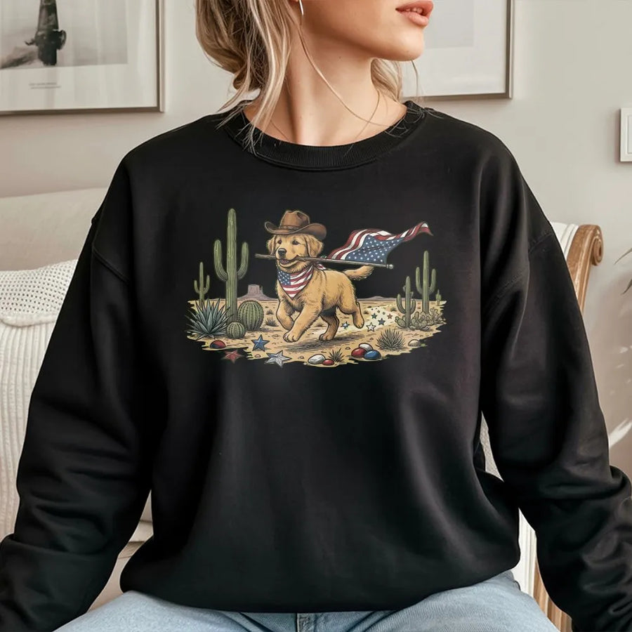 Patriotic Cowboy Dog Sweatshirt | Funny Golden Retriever with USA Flag | Premium Soft Cotton Tee | 4th of July Gift for Dog Lovers