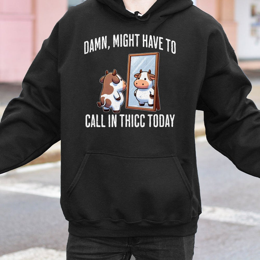 Call In Thicc Cow Hoodie | Funny Animal Pun Graphic Sweatshirt | Premium Cotton-Blend Pullover | Sarcastic Gym Gift For Cow Lovers