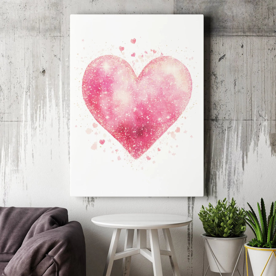 Pink Glitter Heart Canvas Art | Sparkling Watercolor Love Decor | Gallery-Wrapped Premium Print | Romantic Nursery or Bedroom Wall Gift