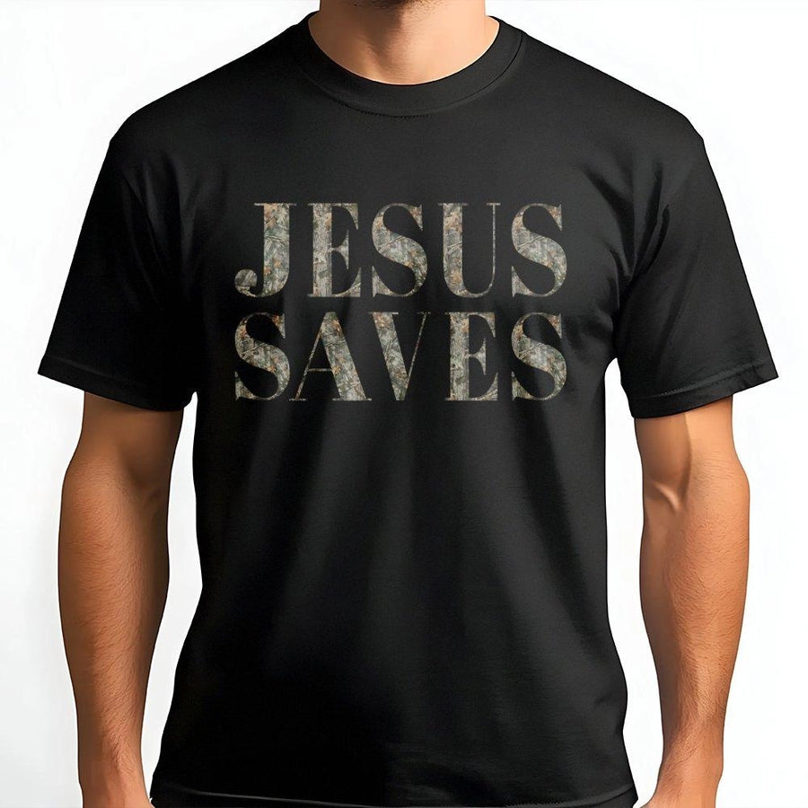 Jesus Saves T-Shirt | Camo Print Christian Faith Graphic | Premium Soft Cotton | Religious Gift for Men and Women