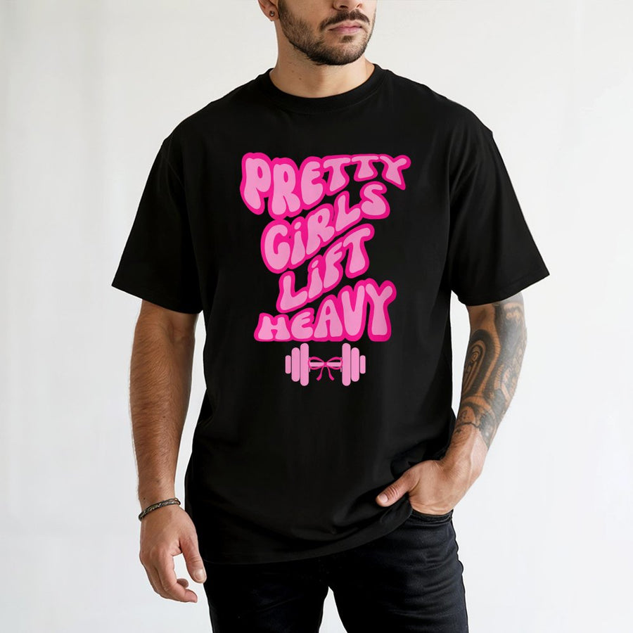 Pretty Girls Lift Heavy T-Shirt | Retro Gym Graphic Print | 100% Cotton Premium Tee | Weightlifting Gift for Women & Fitness Enthusiasts