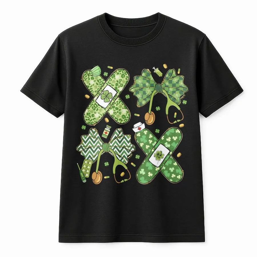 St. Patrick's Day Nurse T-Shirt | Lucky Shamrock Medical Bow Graphic | Premium Soft Cotton Tee | Gift for Healthcare Workers, RNs, Doctors