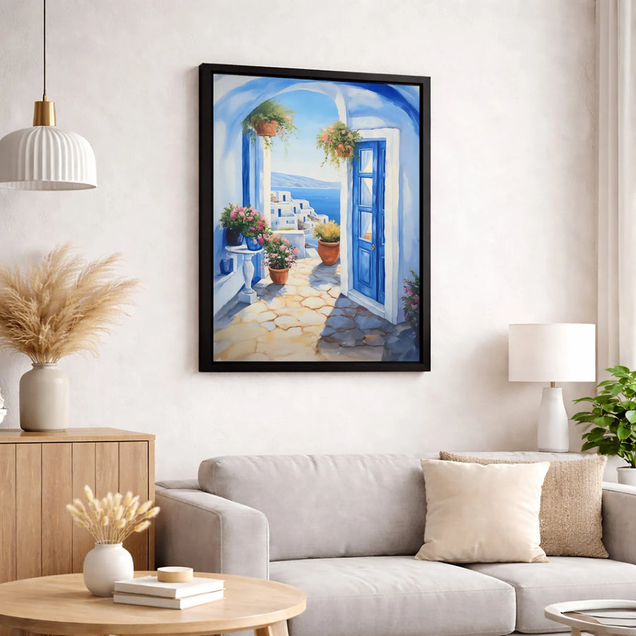 Santorini Wall Art Canvas | Watercolor Greek Island Seascape with Blue Door | Premium Gallery Wrap Print | Mediterranean Home Decor Gift