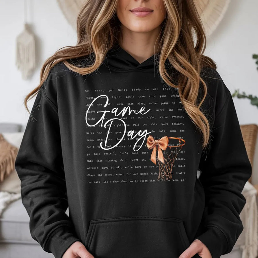 Game Day Basketball Hoodie | Coquette Bow Basketball Hoop Graphic | Premium Cotton Blend | Gift for Basketball Mom & Fan
