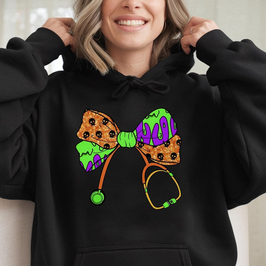 Spooky Nurse Hoodie | Halloween Coquette Bow Stethoscope Graphic | Premium Cotton Blend | Gift for Nurses and Nursing Students