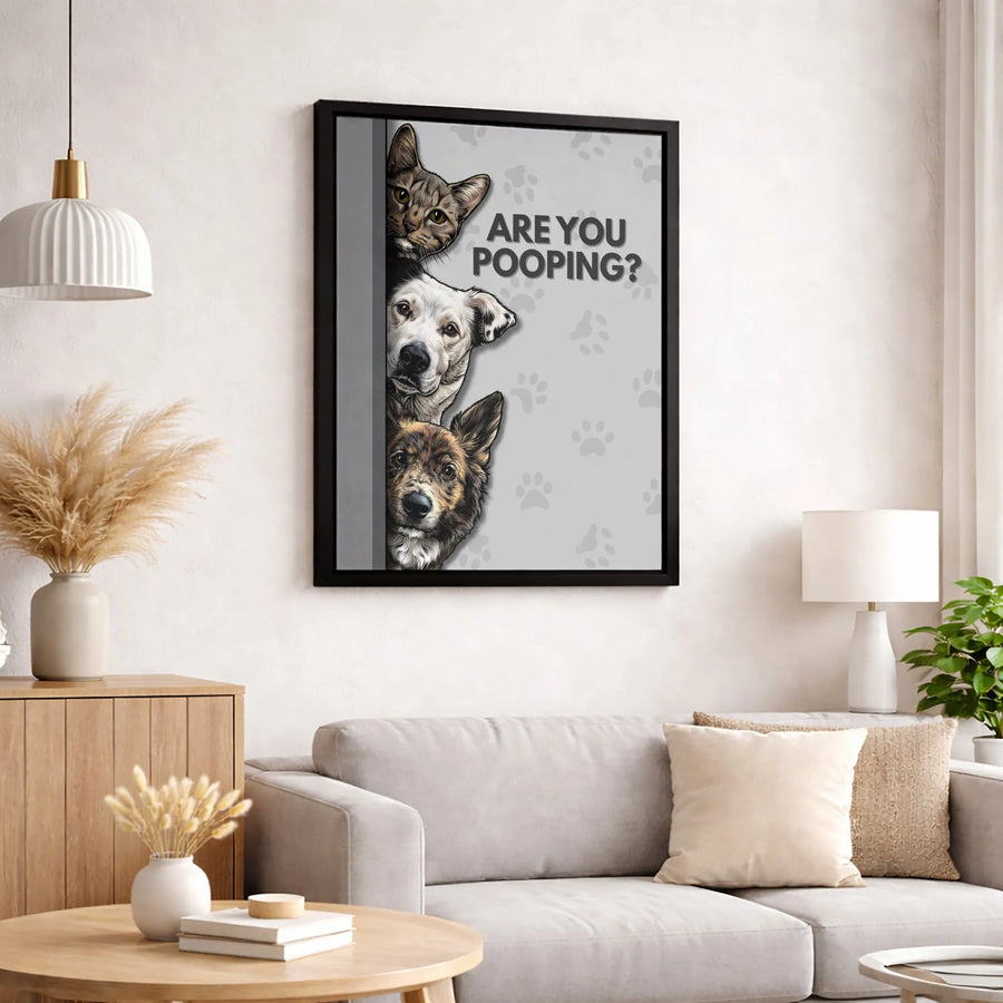 Are You Pooping Funny Bathroom Wall Art | Peeking Cat and Dog Canvas Print | 1.25" Premium Gallery Wrap | Humorous Pet Lover Home Decor Gift