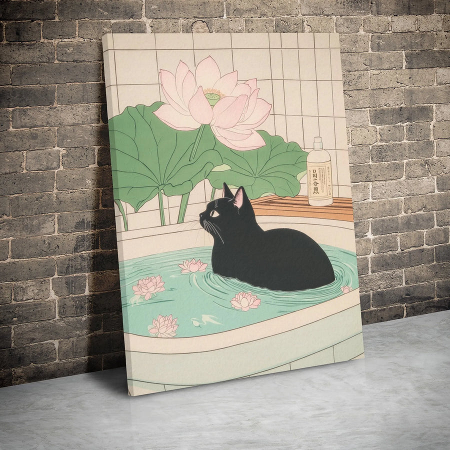 Japanese Black Cat Canvas Art | Lotus Flower Bathing Illustration | Premium Gallery Wrap Wall Decor | Whimsical Zen Home Gift