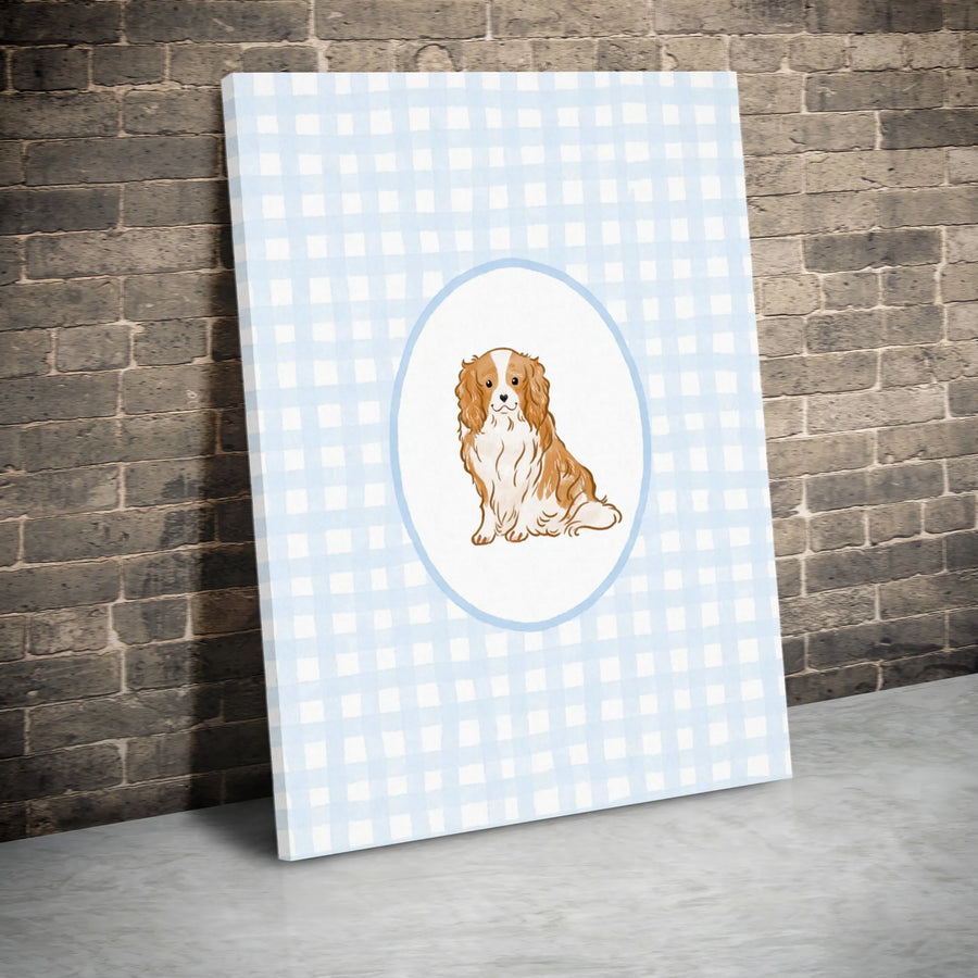 Cavalier King Charles Spaniel Wall Art | Blue Gingham Dog Portrait | Premium Gallery-Wrapped Canvas | Nursery Decor or Dog Lover Gift