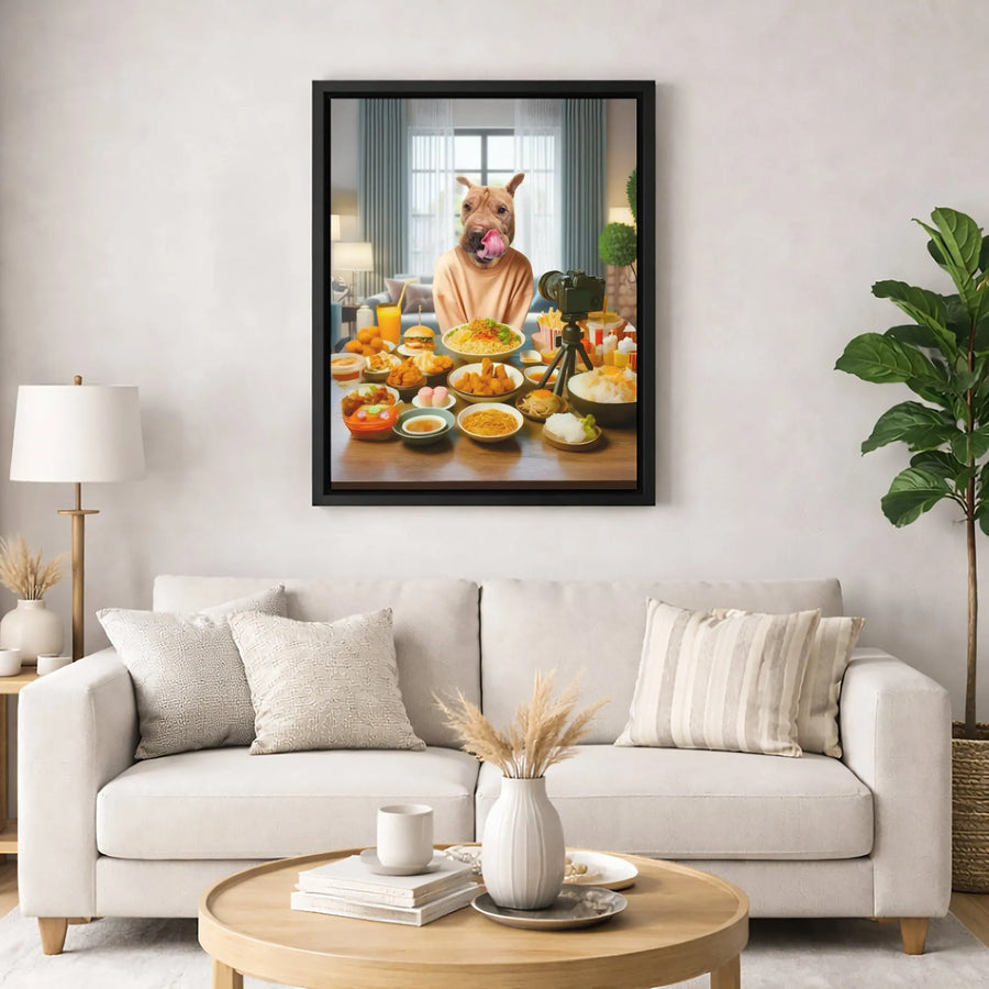 Dog Food Vlogger Canvas Print | Funny Animal Mukbang Feast Art | Premium Gallery Wrapped Wall Decor | Whimsical Gift For Foodie Pet Lovers