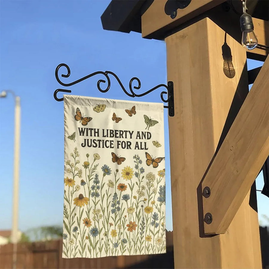 Liberty and Justice For All Garden Flag | Vintage Wildflower & Butterfly Art | Double Sided Polyester Banner | Patriotic Yard Decor Gift