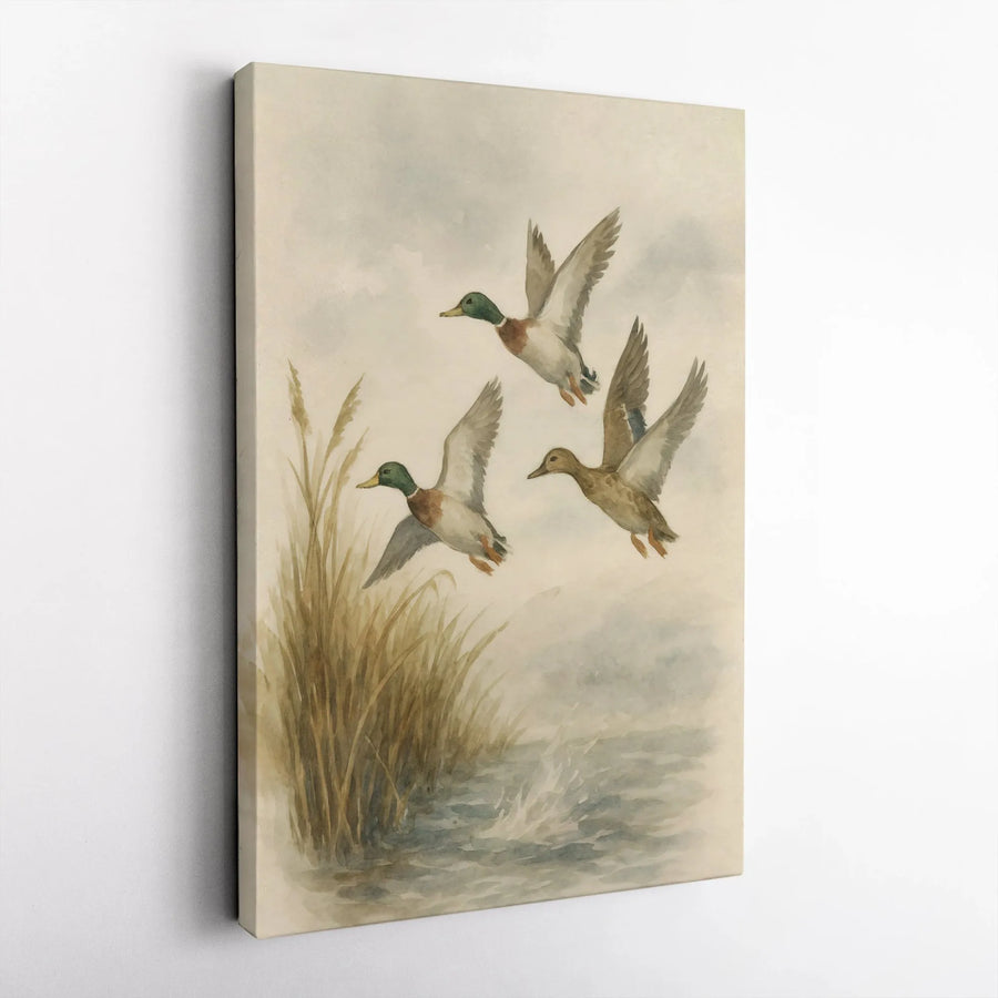 Mallard Ducks Wall Art | Watercolor Flying Duck Canvas Print | Gallery Wrapped Premium Decor | Nature Lover Gift for Cabin or Office
