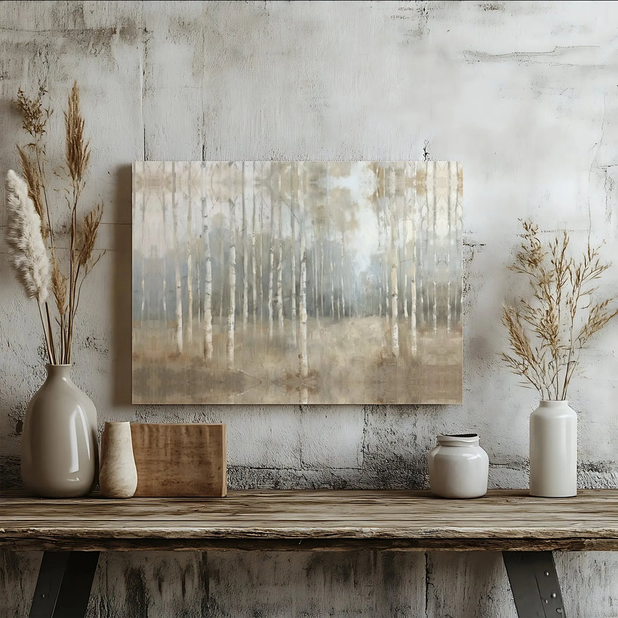 Birch Forest Landscape Horizontal Canvas | Watercolor Style Neutral Wall Art | Premium 1.25 Inch Gallery Wrap | Serene Nature Gift for Living Room Decor