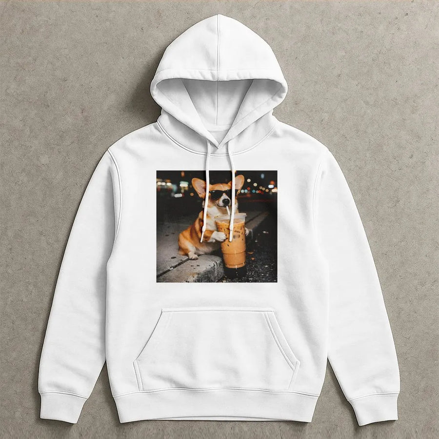 Funny Corgi Hoodie | Dog with Sunglasses Drinking Iced Coffee | Soft Cotton Blend | Gift for Dog Lover & Corgi Mom