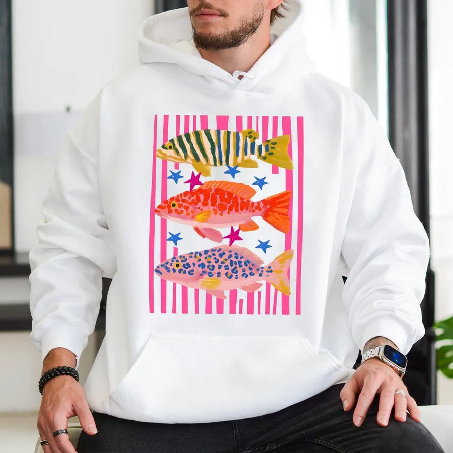 Preppy Fish Hoodie | Colorful Maximalist Coastal Graphic Print | Soft Cotton-Blend Pullover | Fishing Trip Gift for Her