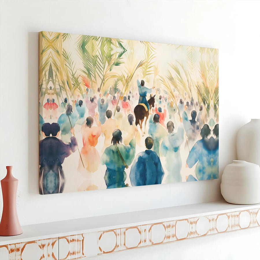 Palm Sunday Canvas Wall Art | Watercolor Jesus Triumphal Entry | Premium Gallery Wrapped Canvas | Christian Home Decor Gift