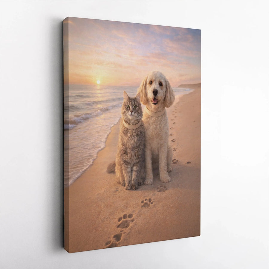 Cat and Dog Canvas Wall Art | Unlikely Friends at Sunset Beach Scene | Premium Gallery Wrapped Canvas | Heartwarming Gift for Pet Lovers & Vet Office Decor