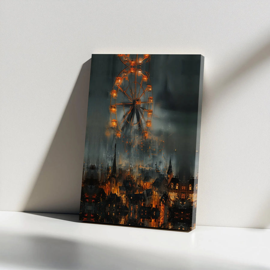 Dystopian Ferris Wheel Canvas Art | Moody Gothic Cityscape Print | Premium Stretched Canvas | Dark Fantasy Gamer Room Decor Gift