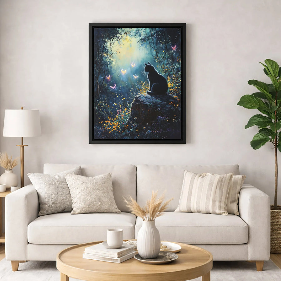 Black Cat Canvas Wall Art | Enchanted Forest Butterfly Scene | 1.25-Inch Gallery Wrap | Whimsical Home Decor Gift for Cat Lovers