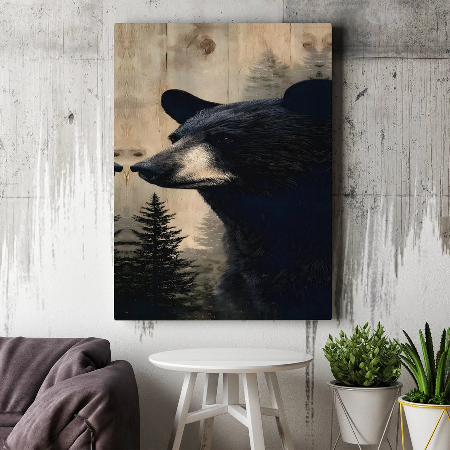 Black Bear Wall Art | Rustic Pine Forest Canvas Print | 1.25-Inch Gallery Wrap | Wildlife Nature Decor for Cabin and Lodge Enthusiasts