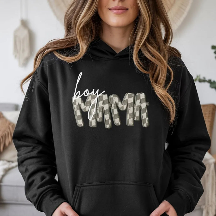 Boy Mama Hoodie | Retro Checkered Graphic Crewneck | Premium Cotton Blend | Mothers Day Gift for Mom of Boys