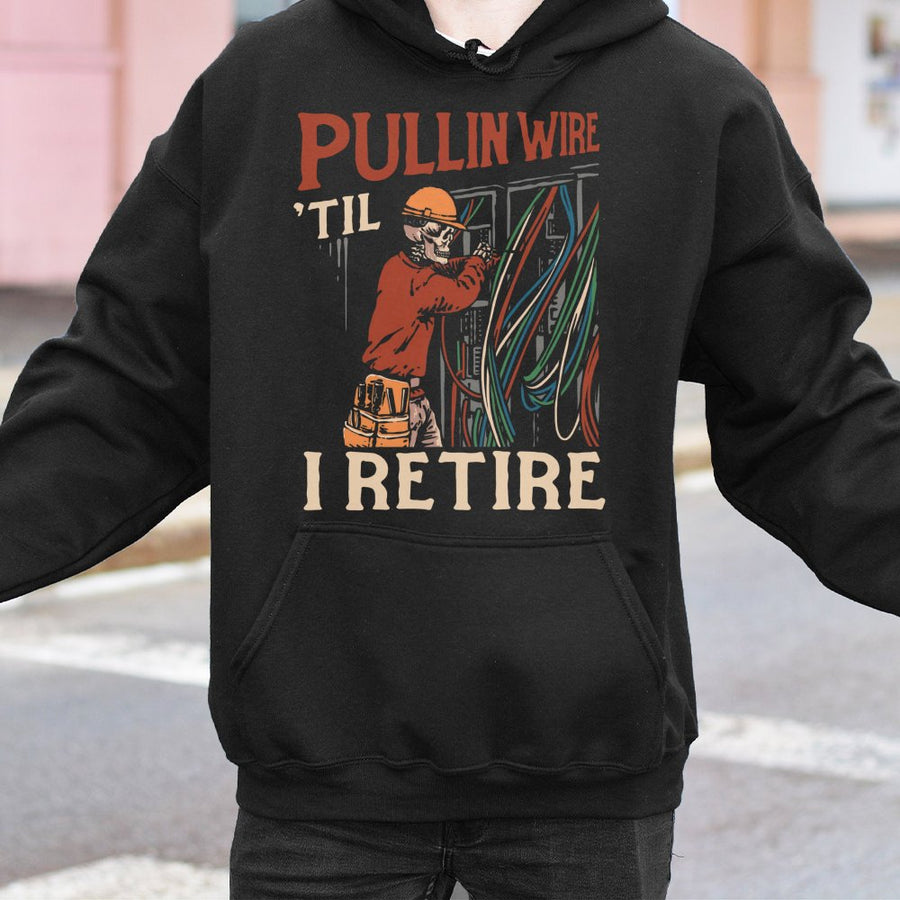 Electrician Hoodie | Pullin Wire Til I Retire Skeleton Design | Premium Cotton-Polyester Blend | Funny Blue Collar Trade School Gift For Men