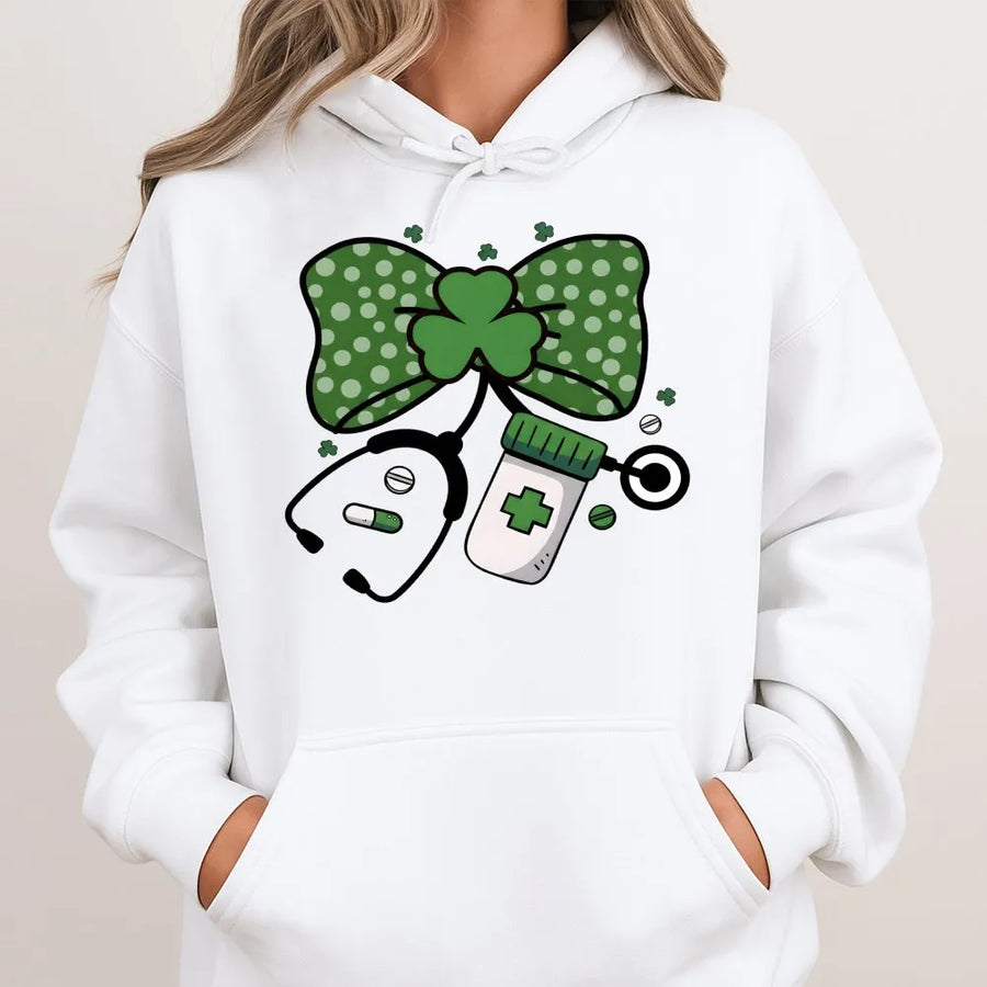 St. Patricks Day Nurse Hoodie | Shamrock Stethoscope Coquette Bow Graphic | Premium Cotton Blend | Nursing Student Gift & Holiday Scrub Gear