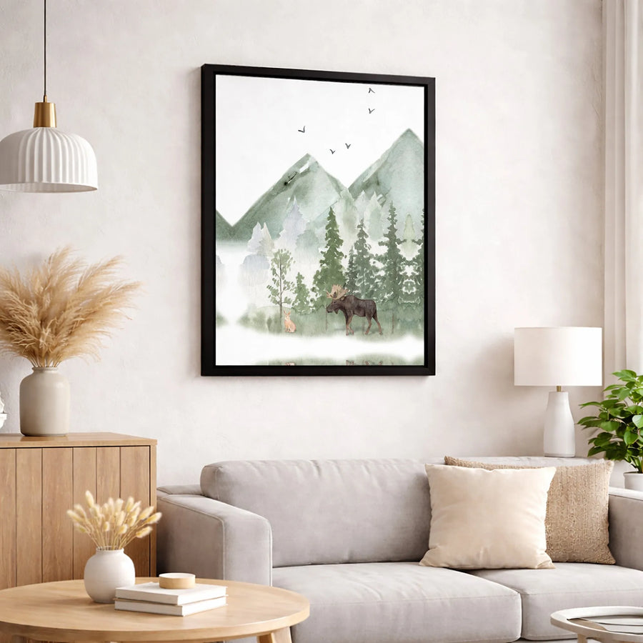 Watercolor Moose and Rabbit Wall Art | Misty Mountain Forest Nature Print | Gallery-Quality 1.25" Canvas | Nursery or Modern Home Decor Gift