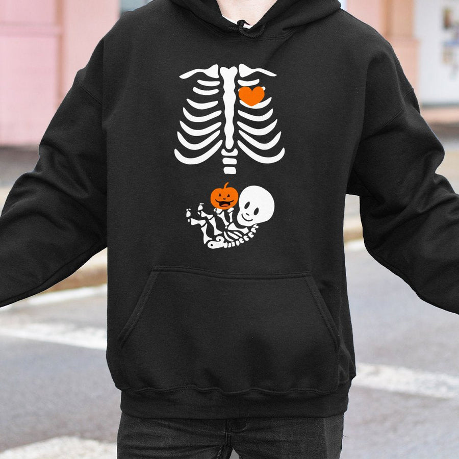 Halloween Skeleton Baby Bump Hoodie | Cute Pregnant Skeleton Pumpkin Graphic | Soft Cotton-Blend Maternity Gift | Funny Halloween Pregnancy Announcement